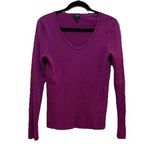TALBOTS Purple/Cranberry Cable Knit V-neck Prima Cotton Sweater Sz M